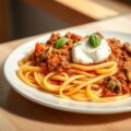Tagliatelle met tomato frito saus