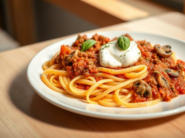Tagliatelle met tomato frito saus
