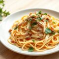 Tagliatelle met tuinkruiden, gerookte kip en rucola