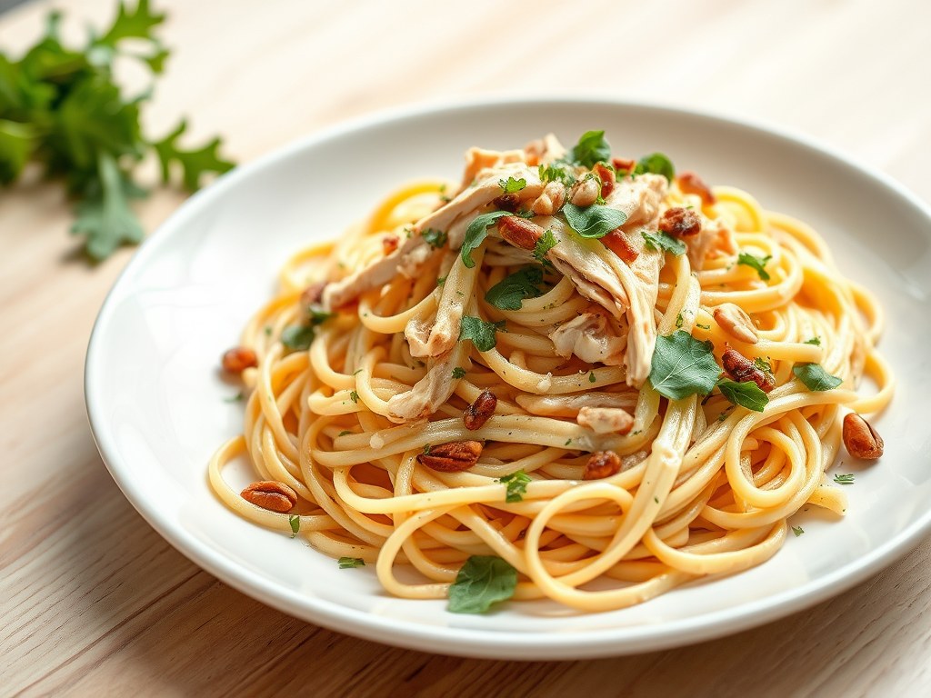 Tagliatelle met tuinkruiden, gerookte kip en rucola, AI-gegenereerde illustratie