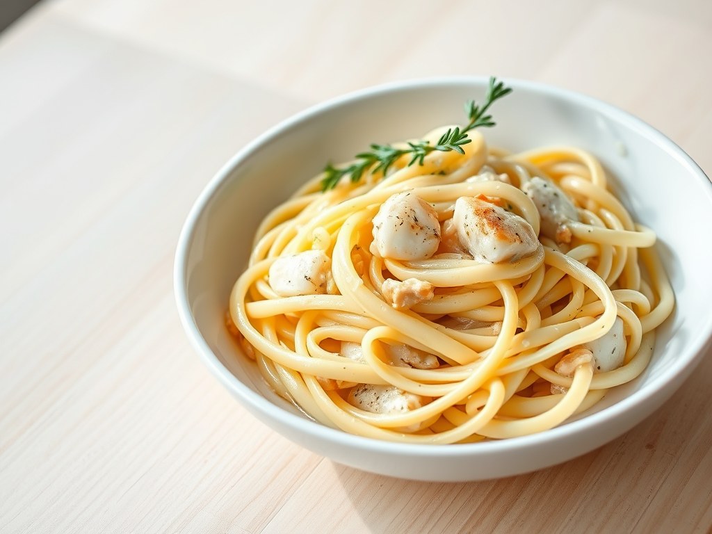 Tagliatelle met zeeduivel en prei, AI-gegenereerde illustratie
