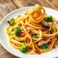 Tagliatelli met broccoli, kipfilet, spekjes en peper-champignonsaus