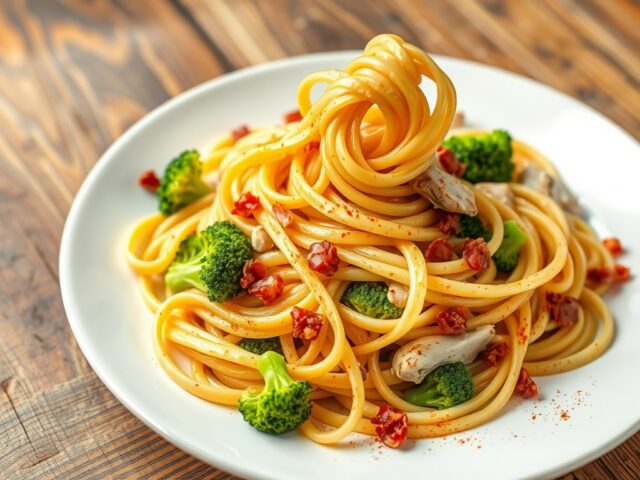Tagliatelli met broccoli, kipfilet, spekjes en peper-champignonsaus
