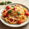 Taglione met kleine tomaatjes basilicum en parmezaanse kaas