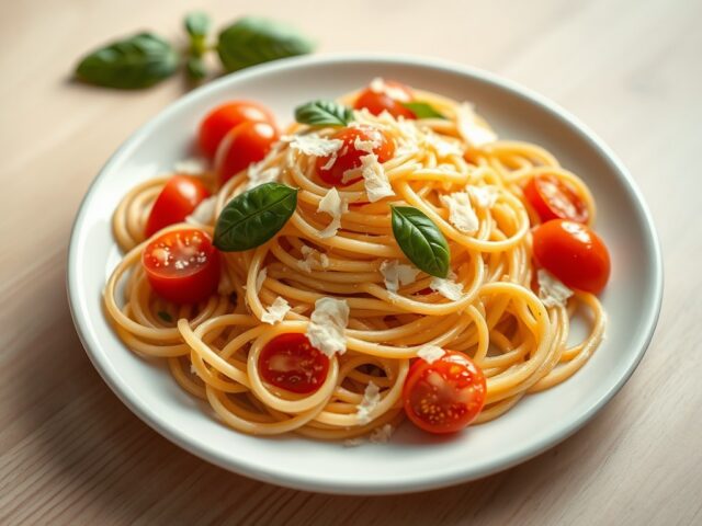 Taglione met kleine tomaatjes basilicum en parmezaanse kaas