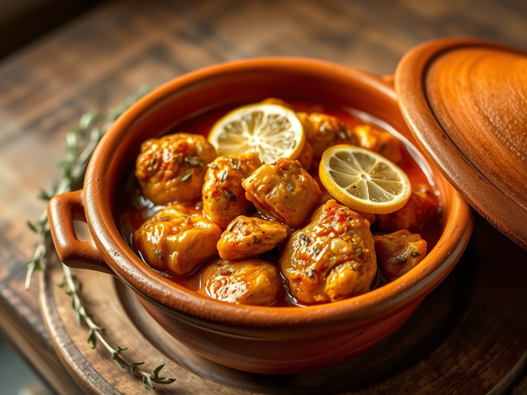 Tajine met kip en limoen (Algerijnse stoofpot), AI-gegenereerde illustratie