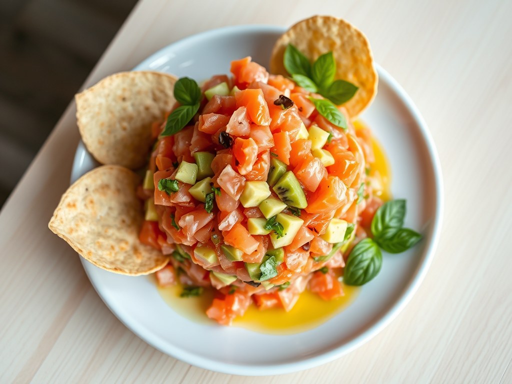 Tartaar van kiwi, zalm en avocado, AI-gegenereerde illustratie