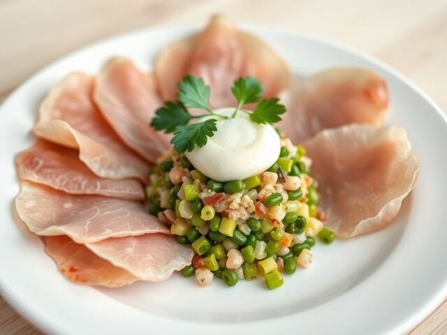Tartaar van lentegroenten met kalfscarpaccio en emulsie van tonijn