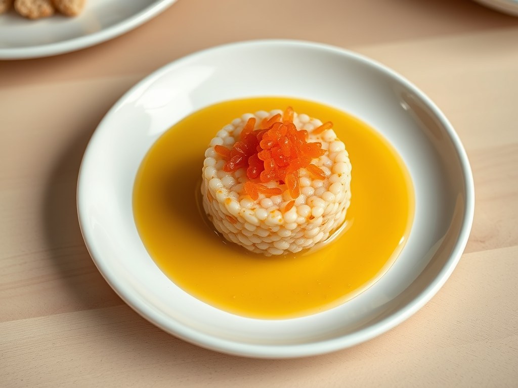 Tartaartje van langoustine met saffraansaus, AI-gegenereerde illustratie