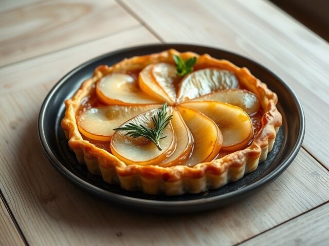 Tarte tatin van blanke stoofperen met Epoisse