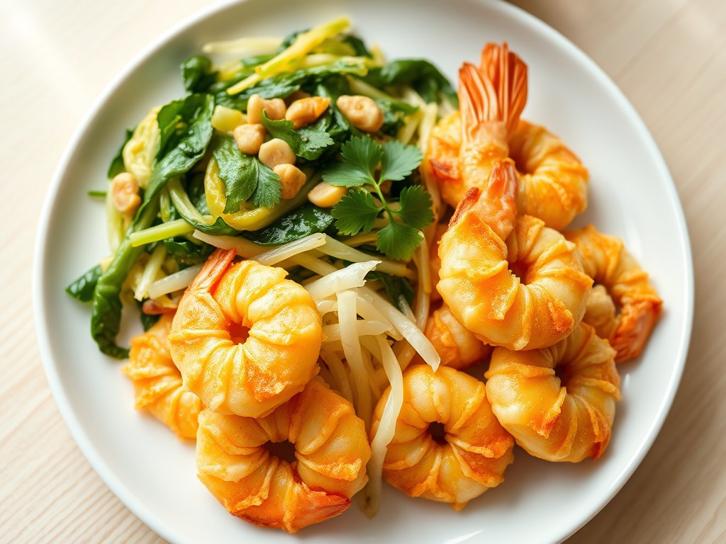 Tempura van garnalen, wok van Chinese kool en spinazie, AI-gegenereerde illustratie