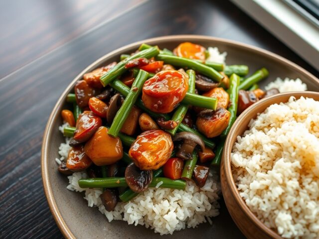 Teriaki Kip Wok met Basmati rijst sperziebonen