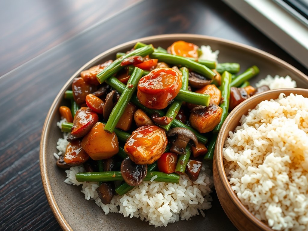 Teriaki Kip Wok met Basmati rijst sperziebonen, AI-gegenereerde illustratie