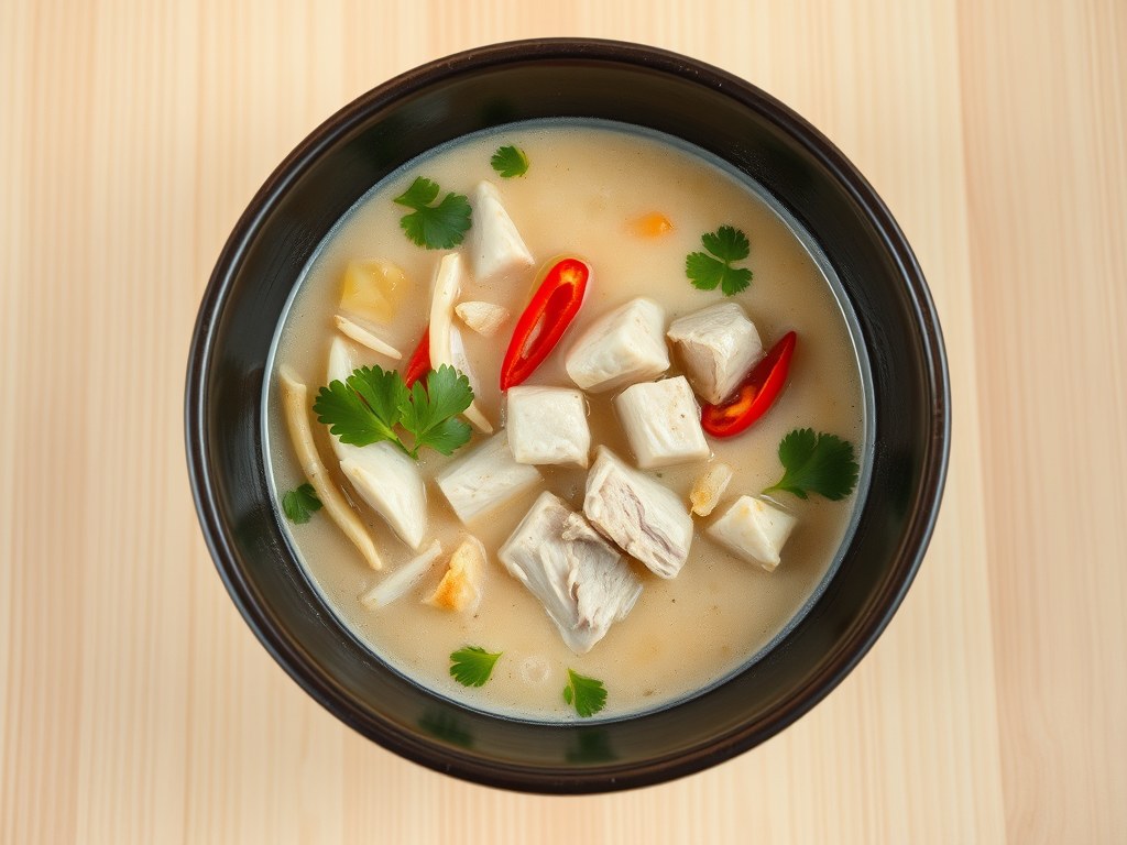 Thaise kippensoep met kokosmelk, AI-gegenereerde illustratie