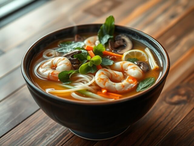 Thaise noedelsoep met groenten en garnalen
