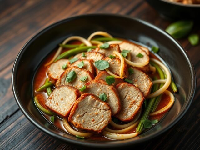 Thaise pikante varkenshaas met boontjes en prei