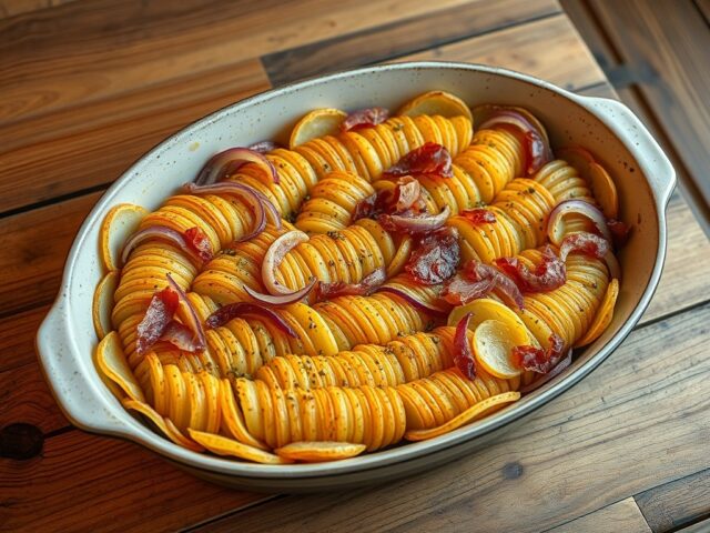 Tian van aardappel, ui en pancetta