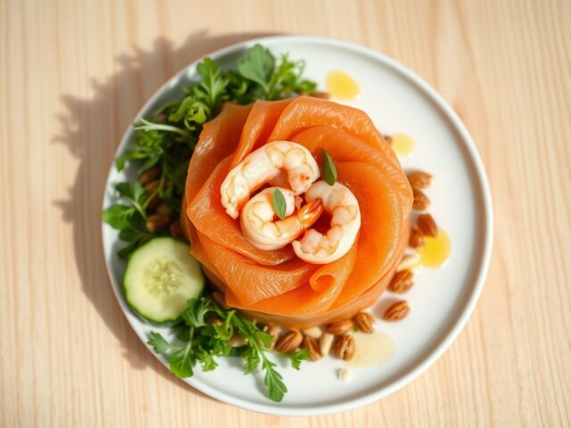 Timbaaltje van gerookte zalm, gevuld met garnalen,