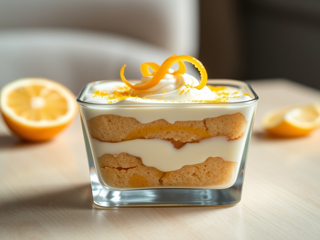 Tiramisu met citroen en sinaasappel, AI-gegenereerde illustratie