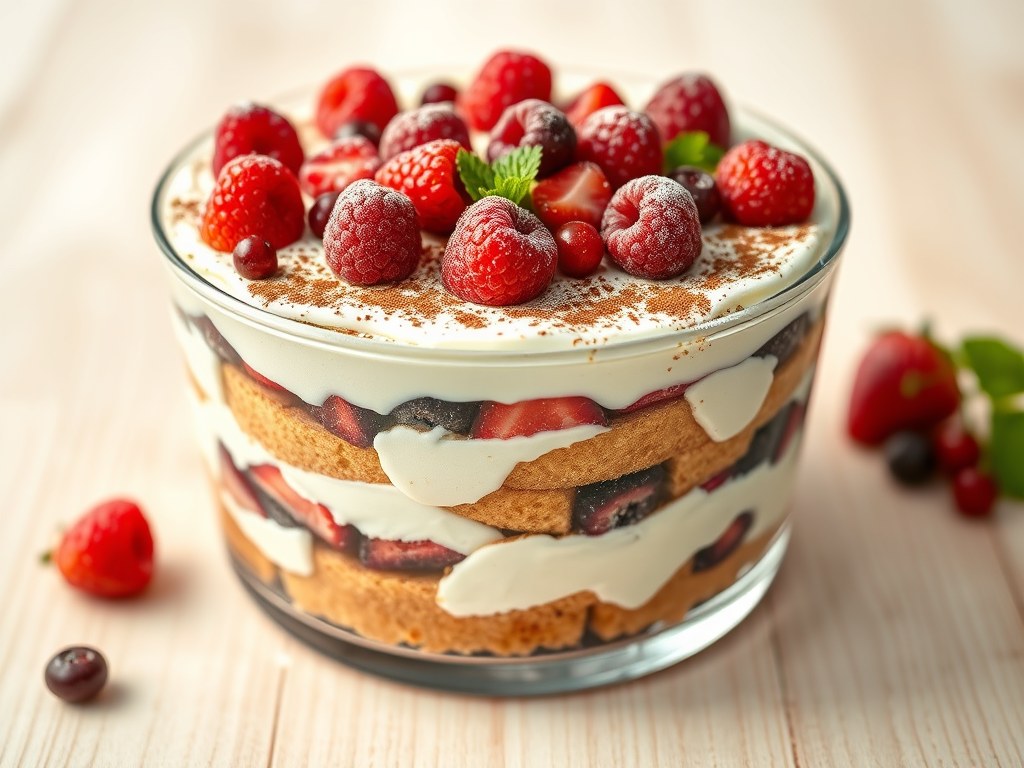 Tiramisu met rood fruit, AI-gegenereerde illustratie