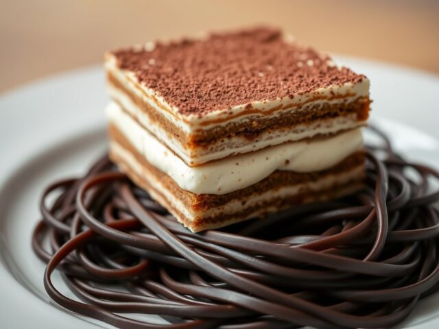 Tiramisu op een bedje van chocolade linguini
