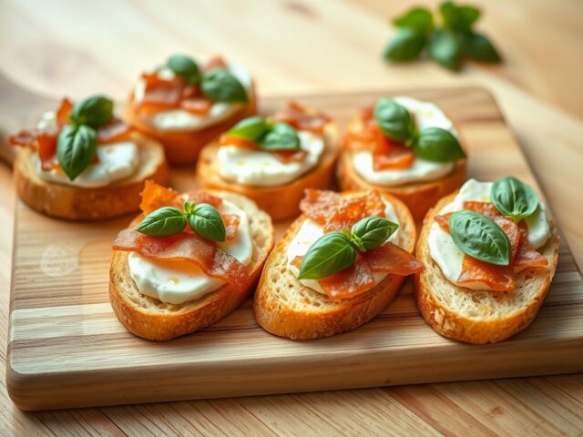 Toast met geitenkaas, basilicum en ontbijtspek