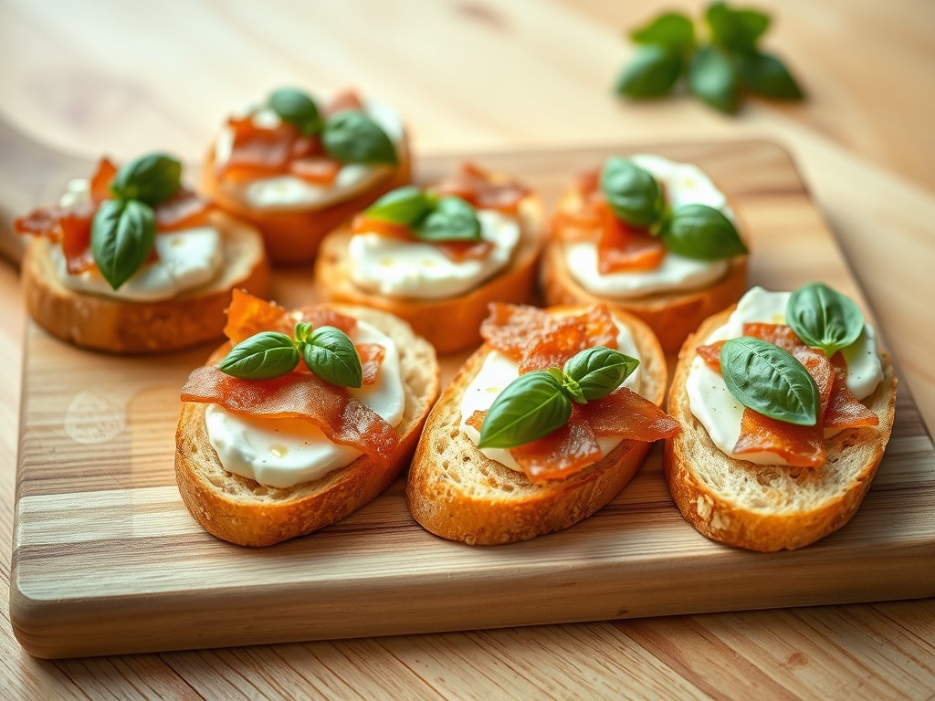 Toast met geitenkaas, basilicum en ontbijtspek, AI-gegenereerde illustratie