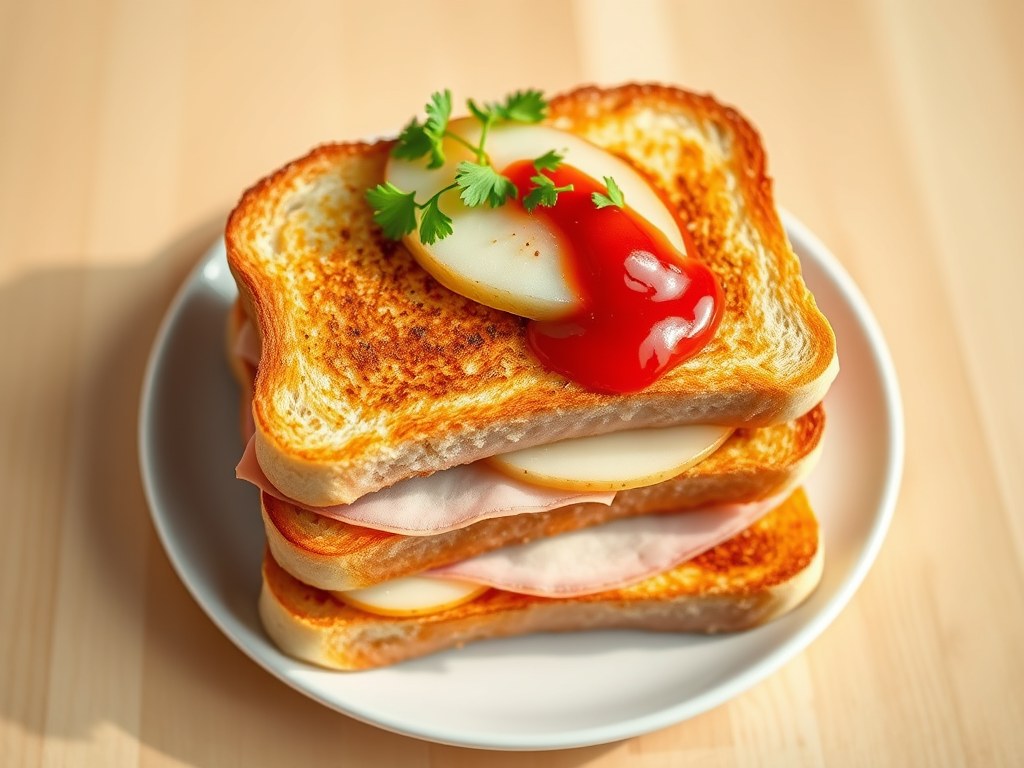 Toast met peer, ham en kaas, AI-gegenereerde illustratie