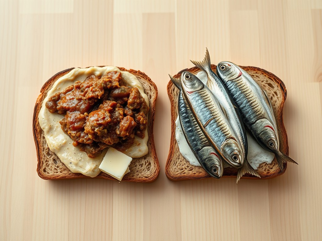 Toast met ragout en/of sardines, AI-gegenereerde illustratie