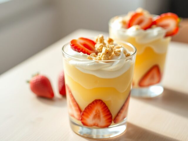 Toetje met advocaat aardbeien en bitterkoekjes