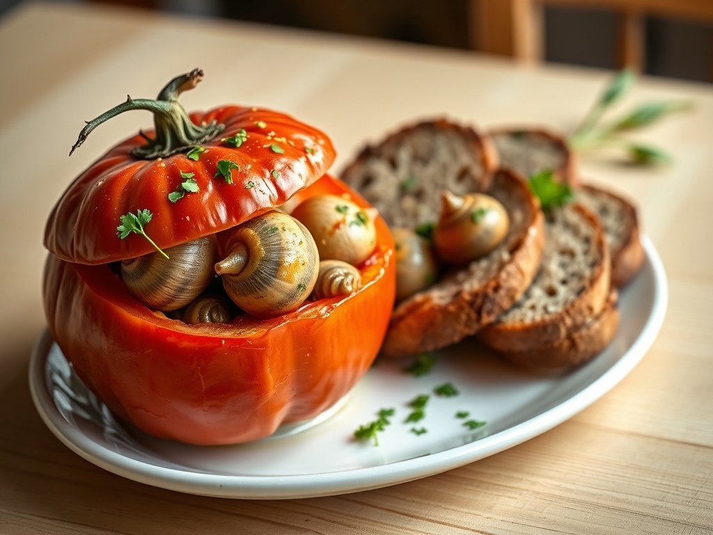 Tomaat à l’escargots, AI-gegenereerde illustratie