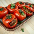 Tomaten gevuld met merguez, gebakken courgette en quinoa