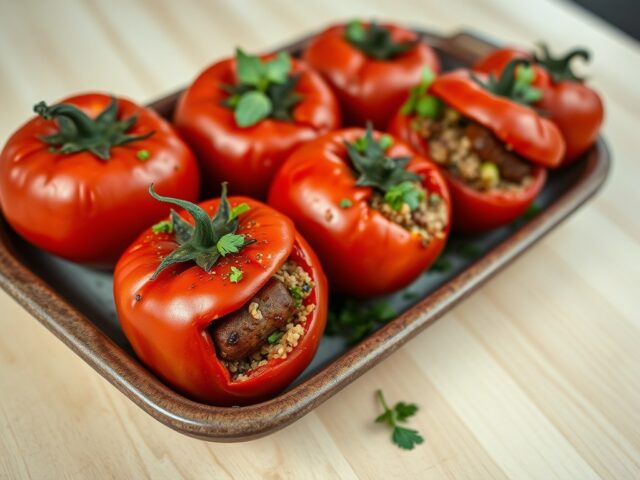 Tomaten gevuld met merguez, gebakken courgette en quinoa