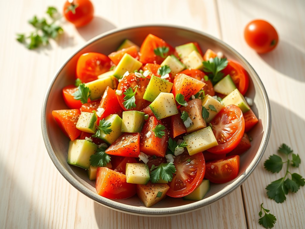 Tomaten salade met komkommer, AI-gegenereerde illustratie
