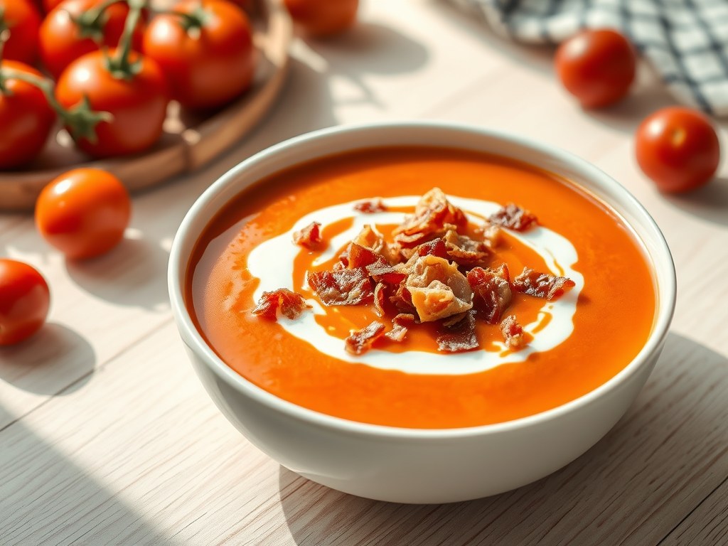 Tomaten Soep met Sinas en Bacon, AI-gegenereerde illustratie