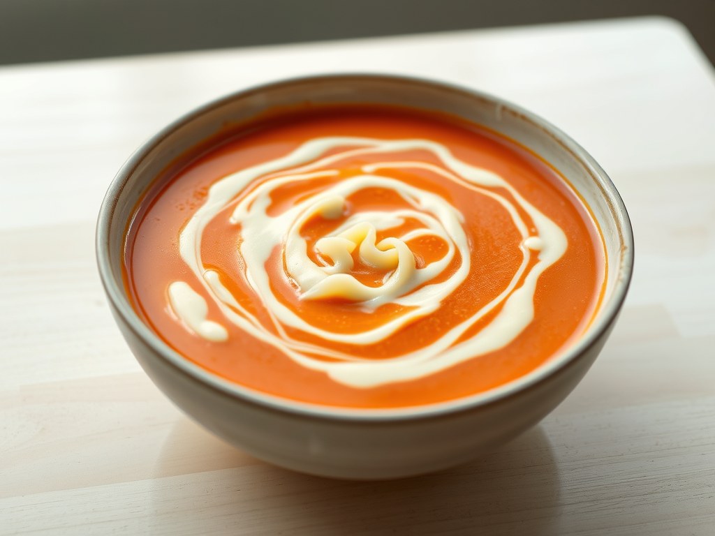 Tomatenappelsoep met kaas-eimengeling, AI-gegenereerde illustratie
