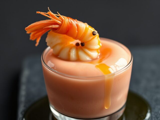 Tomatenbavarois met gebakken scampi (Amuse)