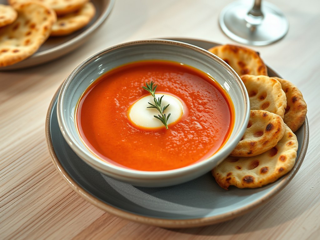 Tomatenbouillon met mascarpone en pizza galettes, AI-gegenereerde illustratie