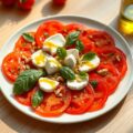Tomatencarpaccio met basilicum, buffelmozzarella en citroen-pestodressing