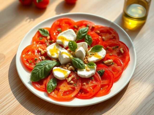 Tomatencarpaccio met basilicum, buffelmozzarella en citroen-pestodressing