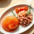 Tomatensorbet met tartaar van verse tonijn en halfgedroogde tomaatjes