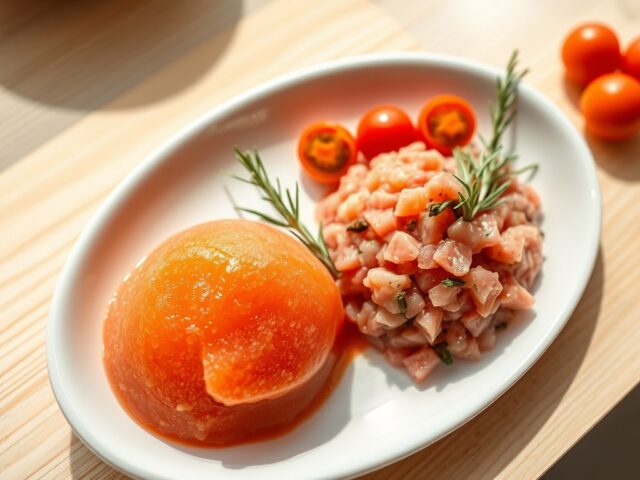 Tomatensorbet met tartaar van verse tonijn en halfgedroogde tomaatjes