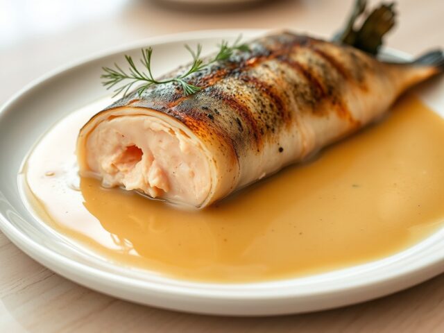 Tongfilet gevuld met zalm soufflé met Rieslingsaus