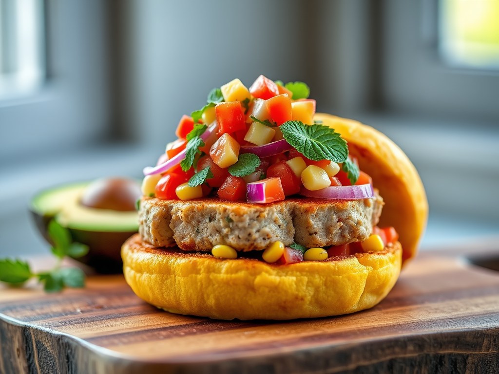 Tonijnburger met salsa, AI-gegenereerde illustratie
