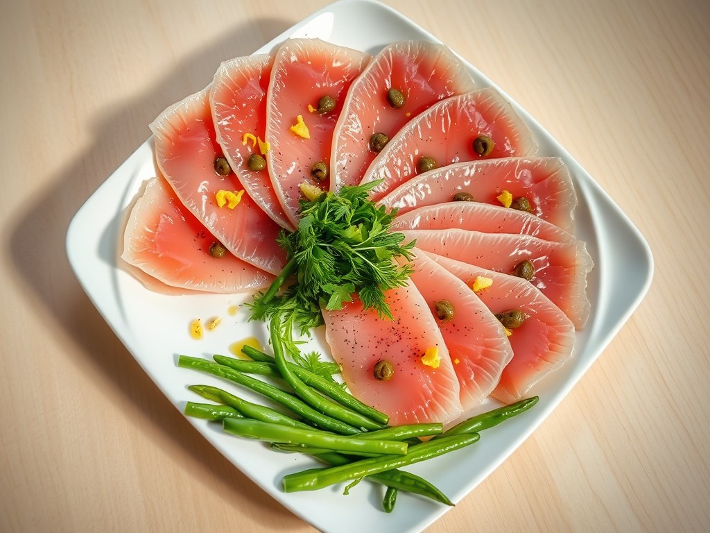 Tonijncarpaccio met kappertjesdressing, AI-gegenereerde illustratie