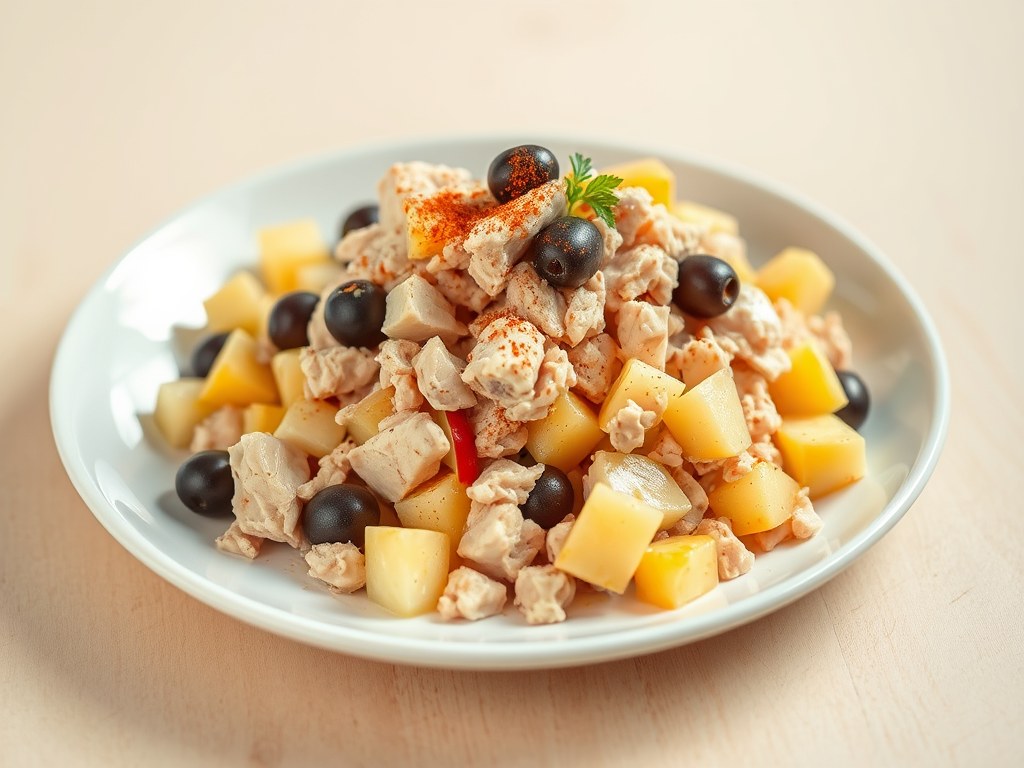 Tonijnsalade met appel en ananas, AI-gegenereerde illustratie