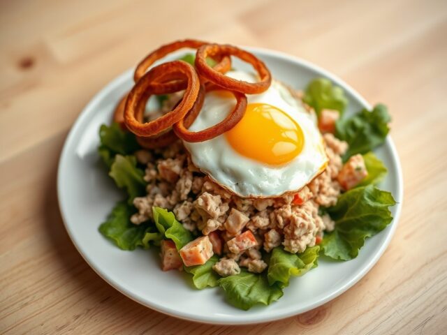 Tonijnsalade met gebakken ei en gebakken ui