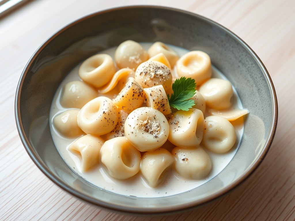 Tortellini alla panna ( Tortellini met room ), AI-gegenereerde illustratie