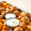 Traybake van kipgehaktballetjes en geroosterde wintergroenten met een frisse yoghurtdip