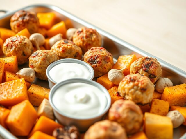 Traybake van kipgehaktballetjes en geroosterde wintergroenten met een frisse yoghurtdip